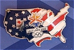 Click here to enlarge image and see more about item 5786a: Pin Olympics Salt Lake City 2002 US Flag Patriotic Map