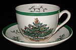 Click here to enlarge image and see more about item 6776: Spode Cup And Saucer Christmas Tree Green Trim England 1970s
