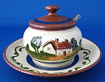 Click here to enlarge image and see more about item 7842: Mottoware Mustard Jam Jar With Plate And Spoon Motto