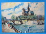 Postcard Signed Artist Yvon Watercolor Notre Dam Seine
