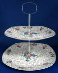 Click here to enlarge image and see more about item 872: Chintz 2 Tier Cake Server Gold Floral Midwinter Retro 1950s
