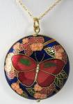 Click here to enlarge image and see more about item 8741: Necklace Blue Cloisonne Pendant Red Butterfly Chain