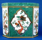 Click here to enlarge image and see more about item 8860: Tea Tin Green Marble Oriental Brances Hinged Lid
