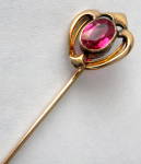 Click here to enlarge image and see more about item 9085: Heart Shape Stickpin 10kt Gold Oval Faux Ruby Hat Pin