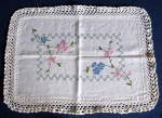 Click here to enlarge image and see more about item 9212: Dresser Scarf Flowers Embroidered Linen Crochet Edging