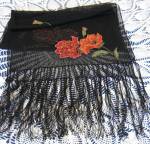 Click to view larger image of Black Net Scarf Shawl Applique Poppies Beaded W/ Fringe (Image1)