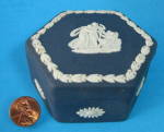 Click here to enlarge image and see more about item 9692: Wedgwood Jasper Box Cupid Asleep Dk Blue Hexagon