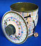Click here to enlarge image and see more about item 9944: English Tea Tin Music Horns Guitar Banjo Retro Pink Plaid